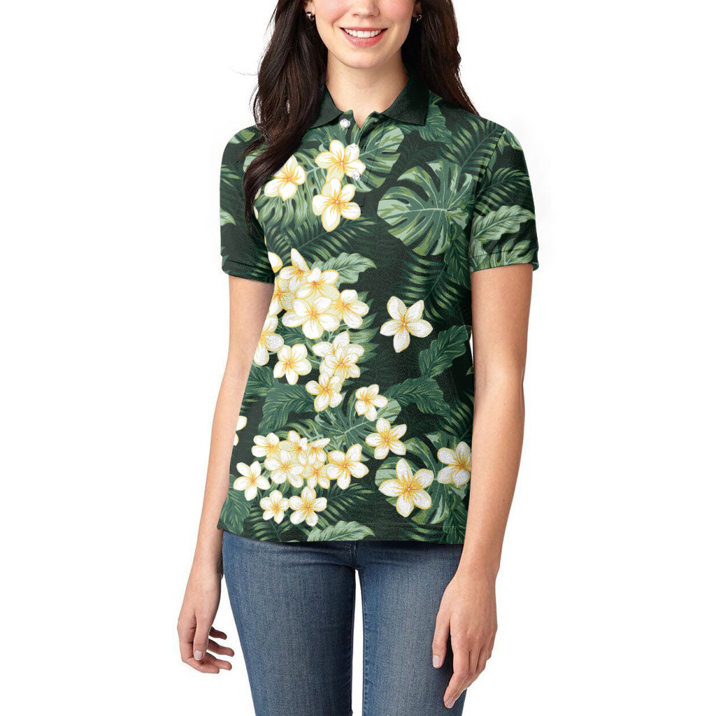 Hawaii Plumeria Tropical Leaves Women Polo Shirt Monstera Calathea Palm Fronds LT01 - Polynesian Pride