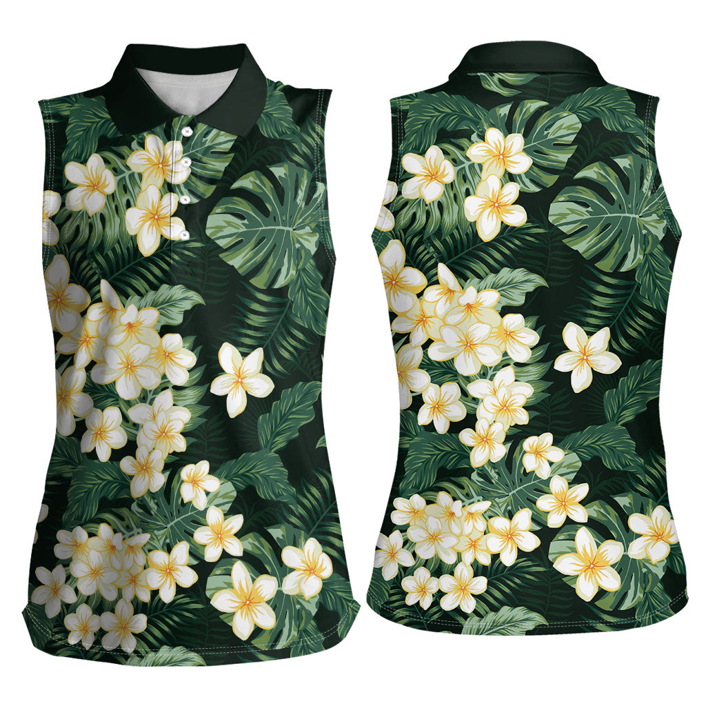 Hawaii Plumeria Tropical Leaves Women Sleeveless Polo Shirt Monstera Calathea Palm Fronds LT01 - Polynesian Pride