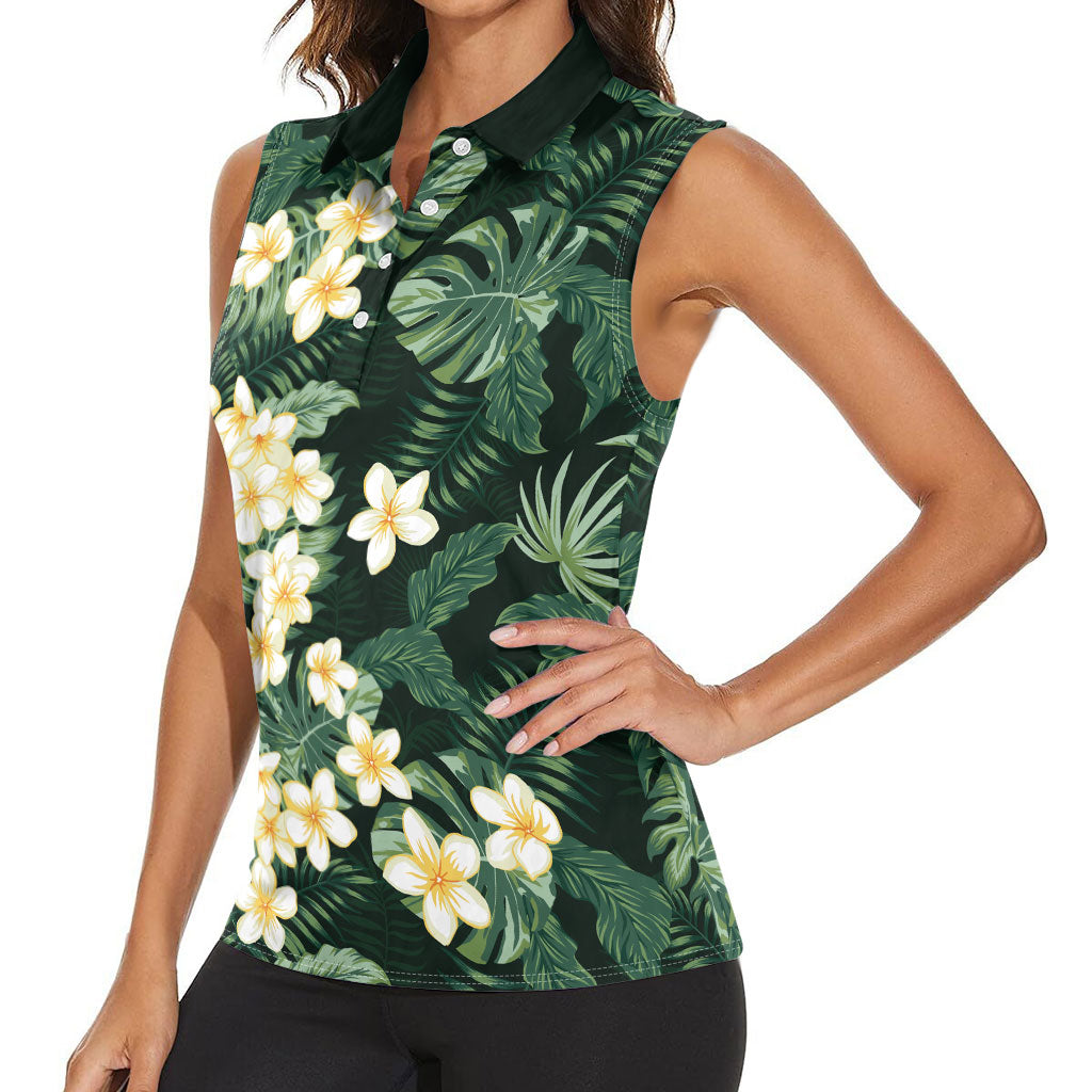 Hawaii Plumeria Tropical Leaves Women Sleeveless Polo Shirt Monstera Calathea Palm Fronds LT01 - Polynesian Pride