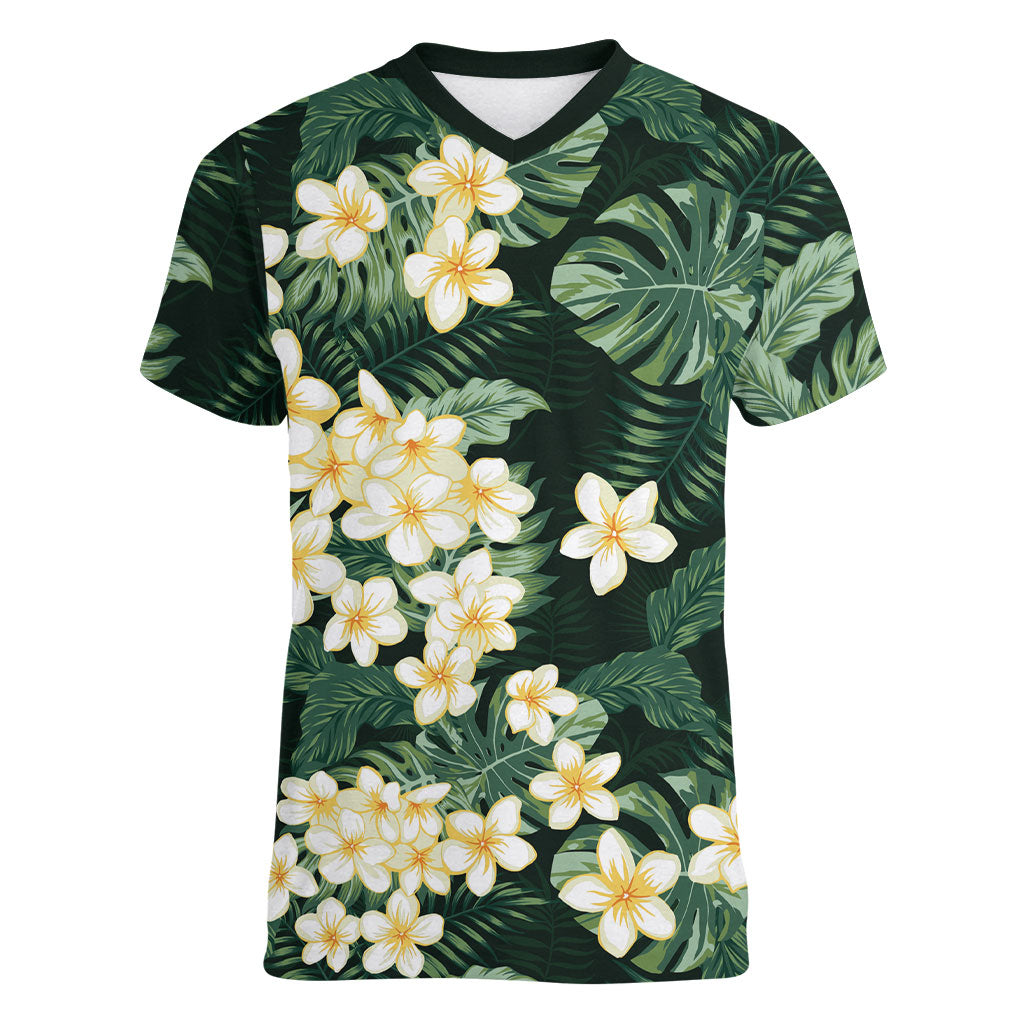 Hawaii Plumeria Tropical Leaves Women V-Neck T-Shirt Monstera Calathea Palm Fronds LT01 Female Green - Polynesian Pride