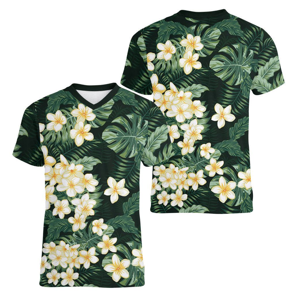 Hawaii Plumeria Tropical Leaves Women V-Neck T-Shirt Monstera Calathea Palm Fronds LT01 - Polynesian Pride