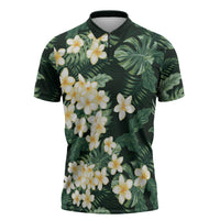 Hawaii Plumeria Tropical Leaves Zipper Polo Shirt Monstera Calathea Palm Fronds LT01 Green - Polynesian Pride