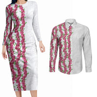 Hawaii Aalii Lei Couples Matching Long Sleeve Bodycon Dress and Long Sleeve Button Shirt Aalii Ku Makani LT01 White - Polynesian Pride