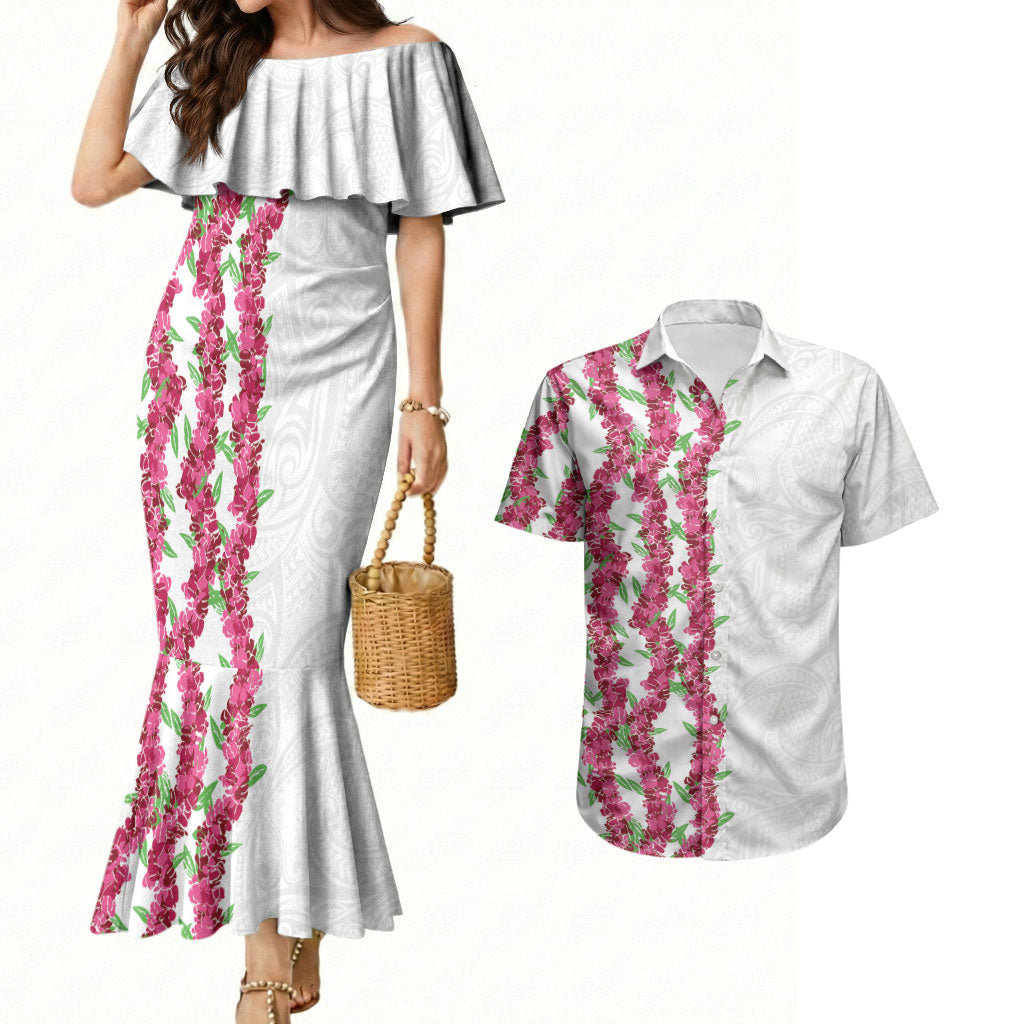 Hawaii Aalii Lei Couples Matching Mermaid Dress and Hawaiian Shirt Aalii Ku Makani LT01 White - Polynesian Pride