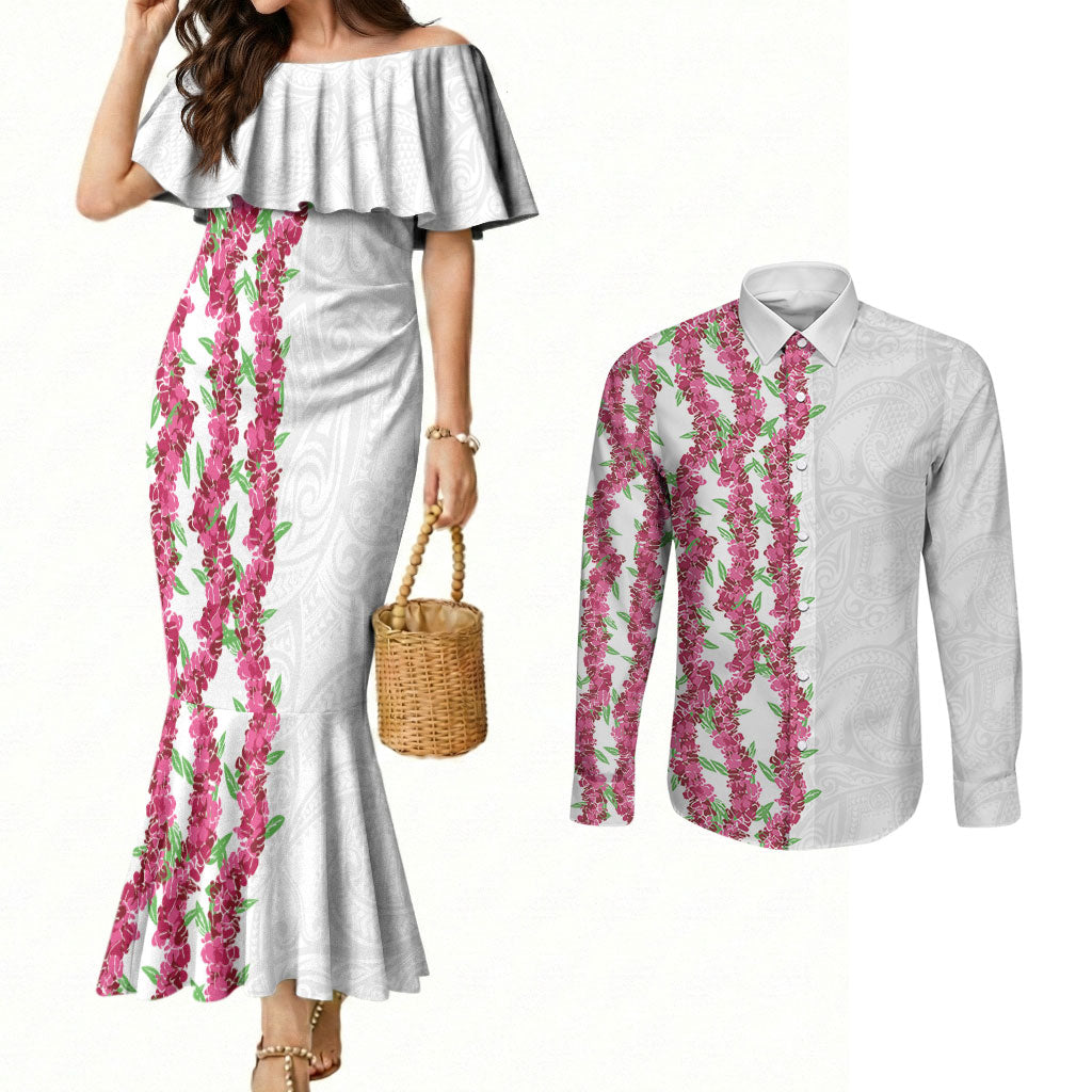 Hawaii Aalii Lei Couples Matching Mermaid Dress and Long Sleeve Button Shirt Aalii Ku Makani LT01 White - Polynesian Pride