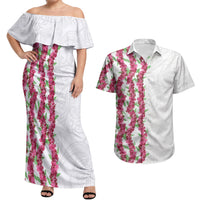 Hawaii Aalii Lei Couples Matching Off Shoulder Maxi Dress and Hawaiian Shirt Aalii Ku Makani LT01 White - Polynesian Pride