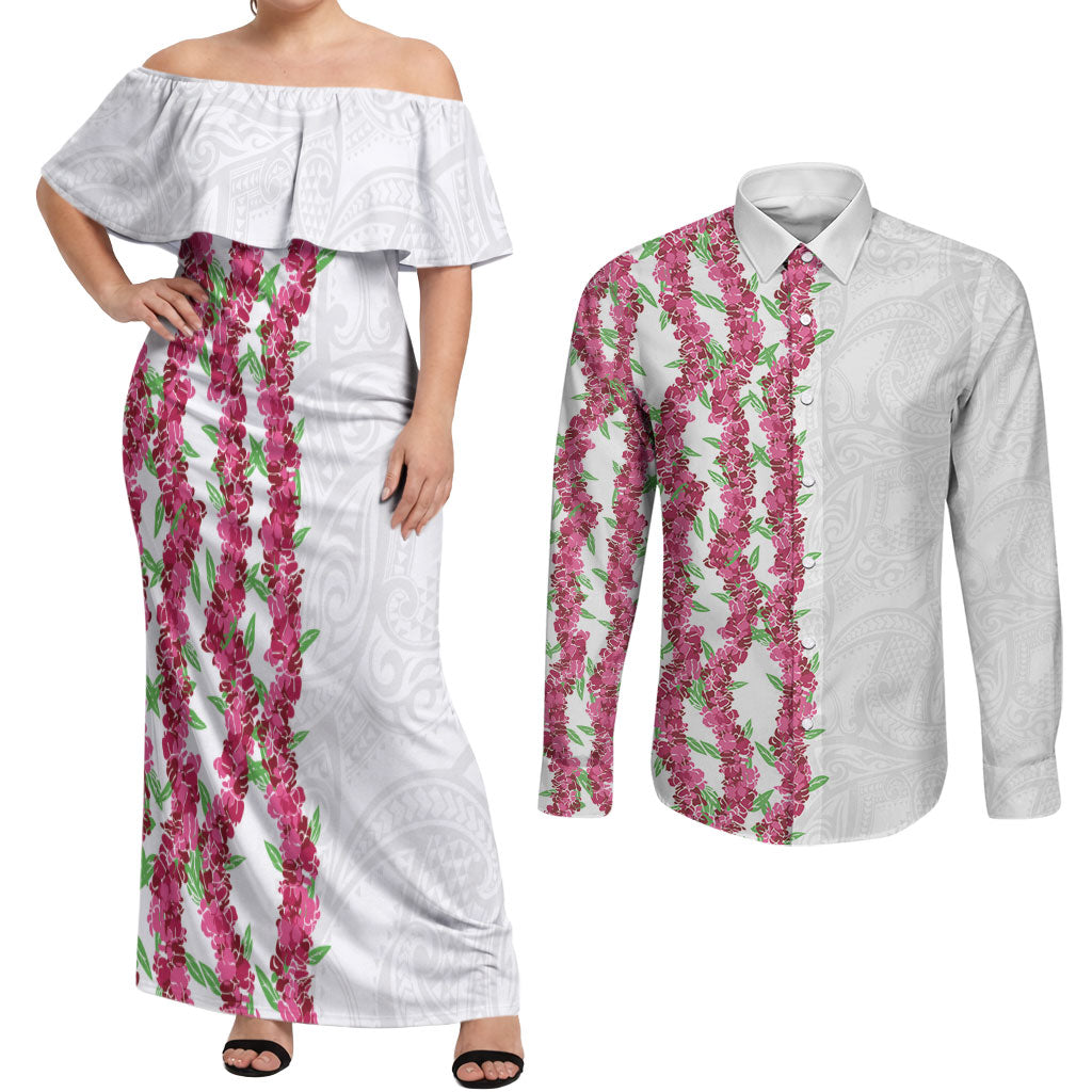 Hawaii Aalii Lei Couples Matching Off Shoulder Maxi Dress and Long Sleeve Button Shirt Aalii Ku Makani LT01 White - Polynesian Pride