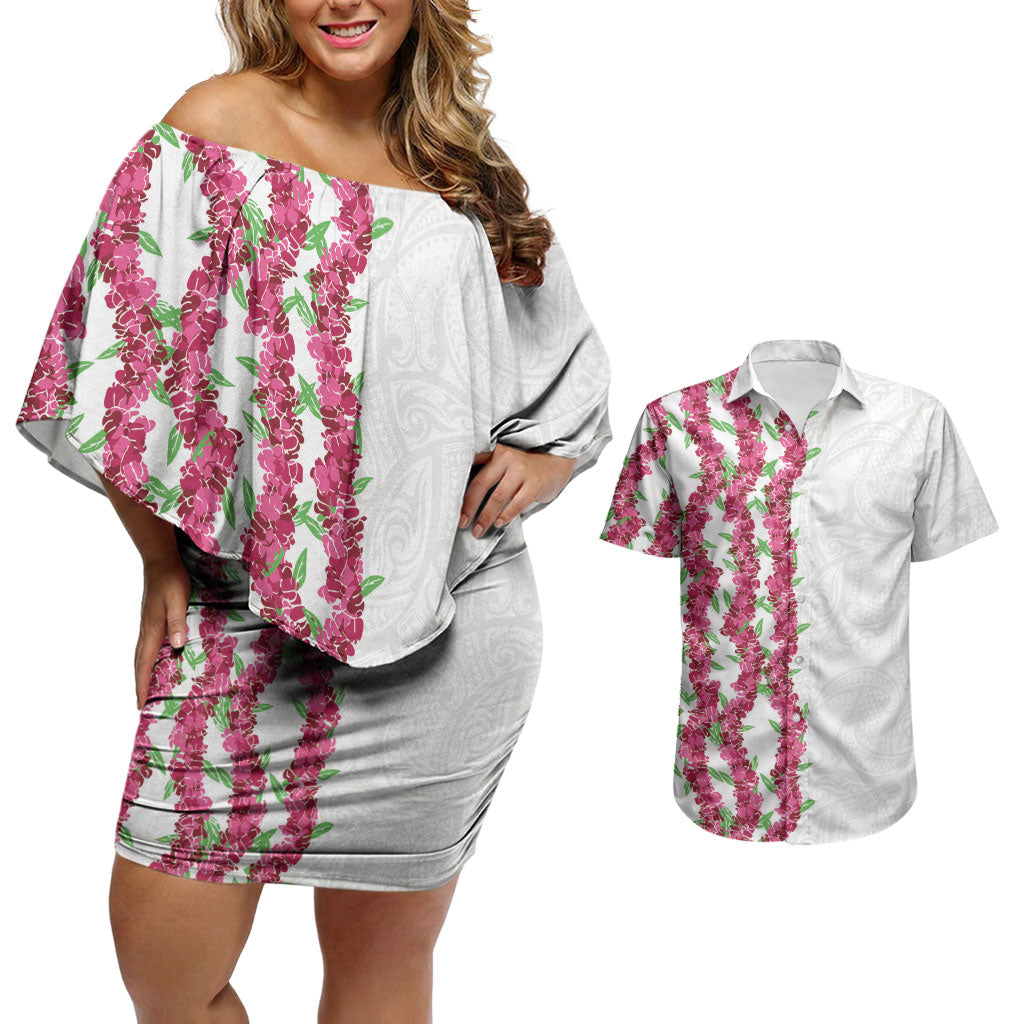 Hawaii Aalii Lei Couples Matching Off Shoulder Short Dress and Hawaiian Shirt Aalii Ku Makani LT01 White - Polynesian Pride