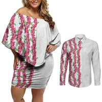 Hawaii Aalii Lei Couples Matching Off Shoulder Short Dress and Long Sleeve Button Shirt Aalii Ku Makani LT01 White - Polynesian Pride