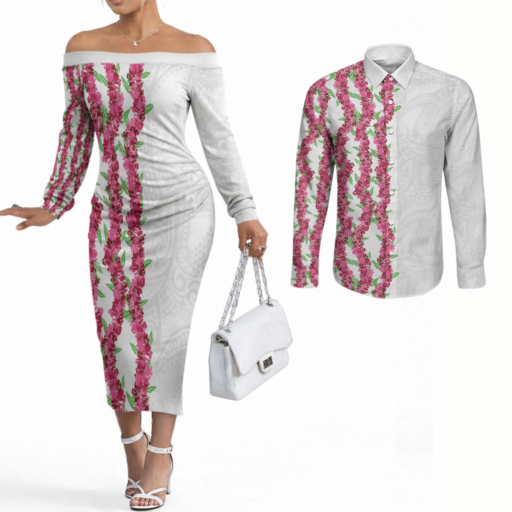 Hawaii Aalii Lei Couples Matching Off The Shoulder Long Sleeve Dress and Long Sleeve Button Shirt Aalii Ku Makani LT01 White - Polynesian Pride