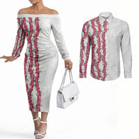 Hawaii Aalii Lei Couples Matching Off The Shoulder Long Sleeve Dress and Long Sleeve Button Shirt Aalii Ku Makani LT01 White - Polynesian Pride