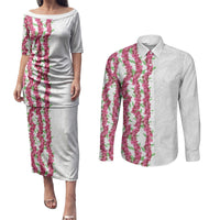 Hawaii Aalii Lei Couples Matching Puletasi and Long Sleeve Button Shirt Aalii Ku Makani LT01 White - Polynesian Pride