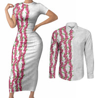 Hawaii Aalii Lei Couples Matching Short Sleeve Bodycon Dress and Long Sleeve Button Shirt Aalii Ku Makani LT01 White - Polynesian Pride