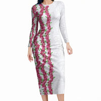 Hawaii Aalii Lei Long Sleeve Bodycon Dress Aalii Ku Makani LT01 Long Dress White - Polynesian Pride