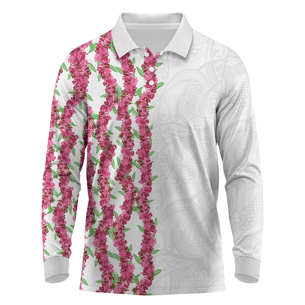 Hawaii Aalii Lei Long Sleeve Polo Shirt Aalii Ku Makani LT01 White - Polynesian Pride