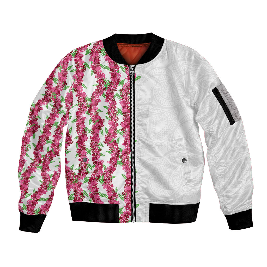 Hawaii Aalii Lei Sleeve Zip Bomber Jacket Aalii Ku Makani LT01 Unisex White - Polynesian Pride