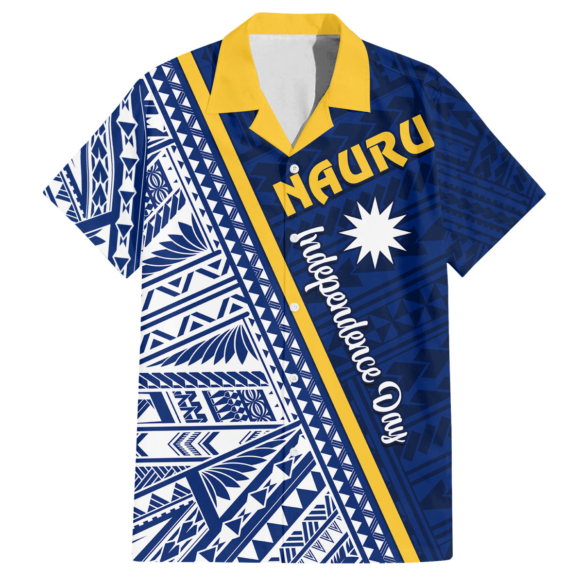 Nauru Independence Day Family Matching Off Shoulder Short Dress and Hawaiian Shirt Repubrikin Naoero Gods Will First LT01 Dad's Shirt - Short Sleeve Blue - Polynesian Pride