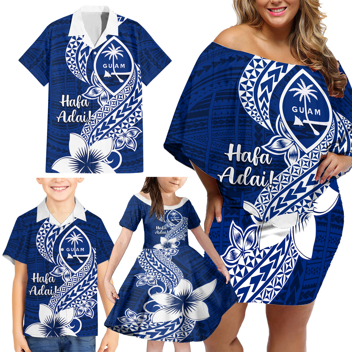Hafa Adai Guam Family Matching Off Shoulder Short Dress and Hawaiian Shirt Polynesian Floral Blue Pattern LT01 - Polynesian Pride