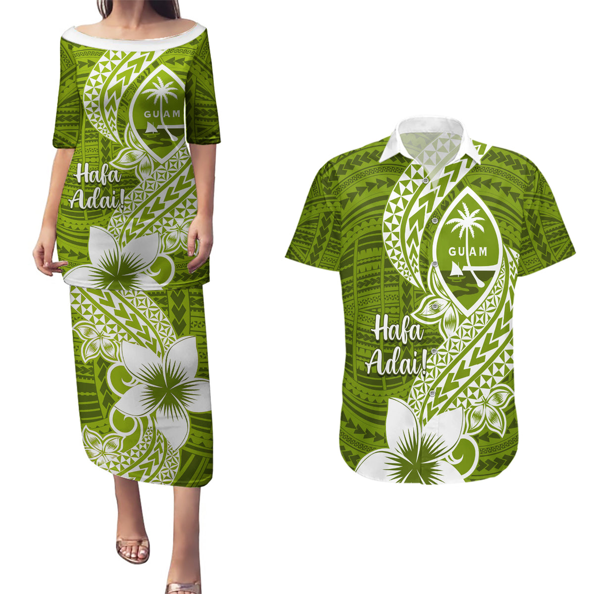 Hafa Adai Guam Couples Matching Puletasi Dress and Hawaiian Shirt Polynesian Olive Green Blue Pattern LT01 Green - Polynesian Pride