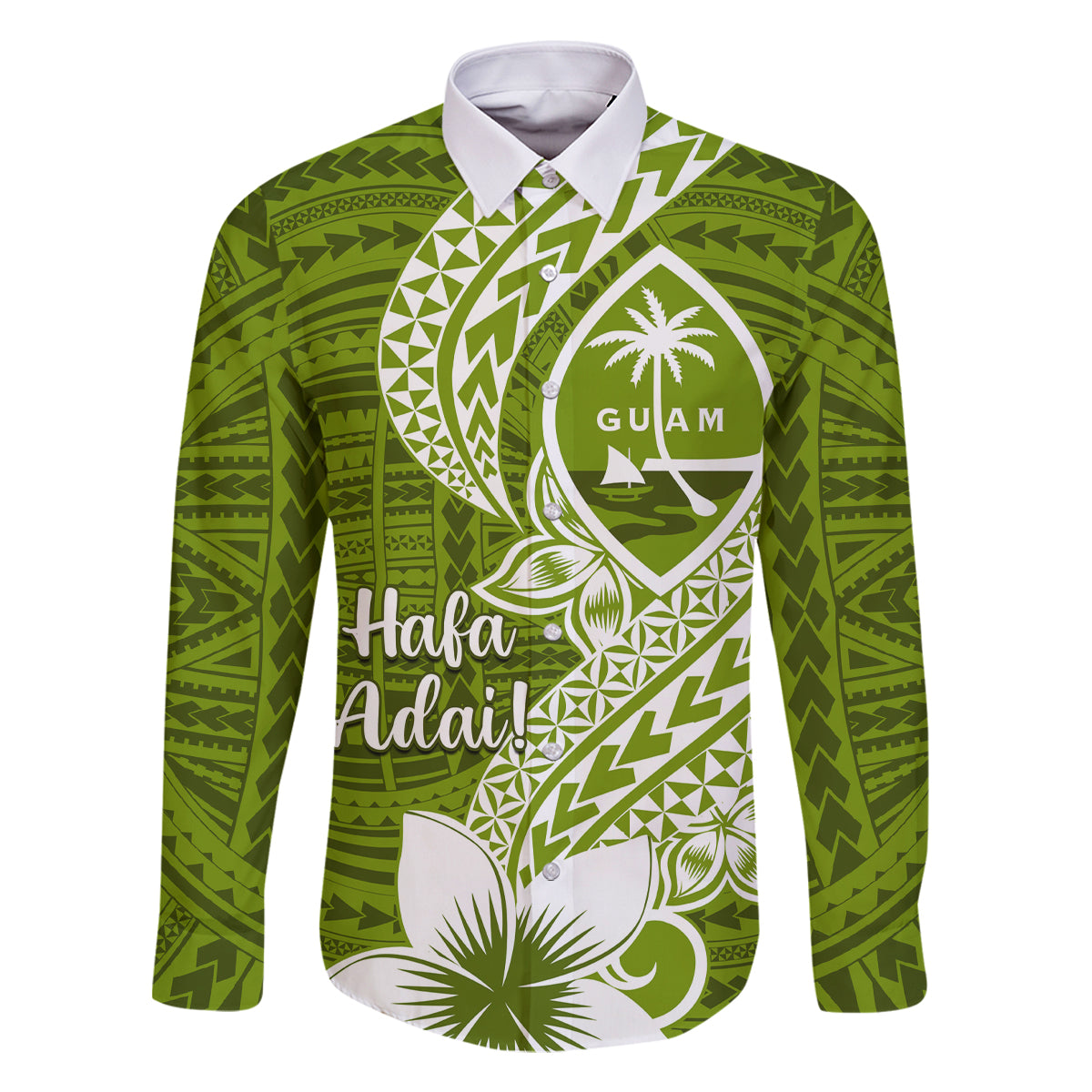 Hafa Adai Guam Family Matching Summer Maxi Dress and Hawaiian Shirt Polynesian Olive Green Blue Pattern LT01 Dad's Shirt - Long Sleeve Green - Polynesian Pride
