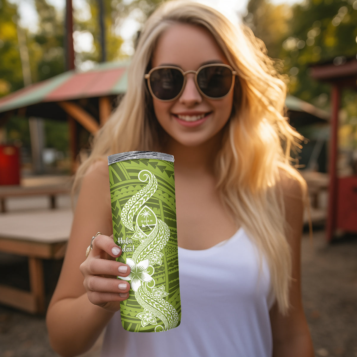 Hafa Adai Guam Skinny Tumbler Polynesian Olive Green Blue Pattern LT01 - Polynesian Pride