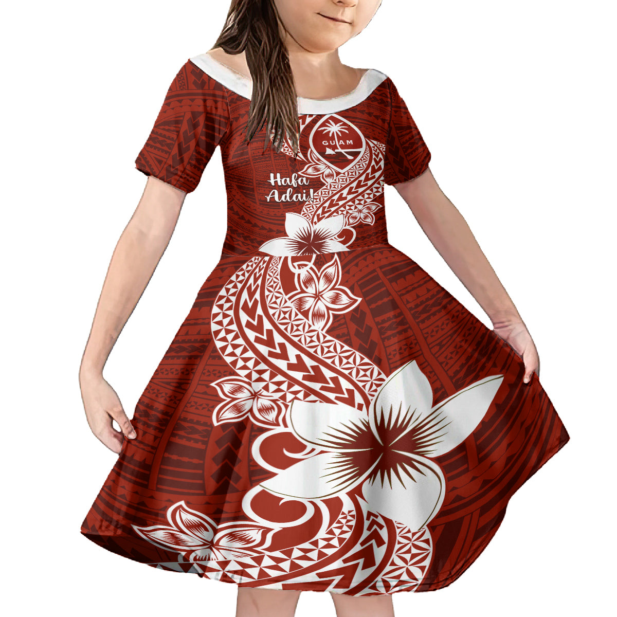 Hafa Adai Guam Family Matching Off Shoulder Maxi Dress and Hawaiian Shirt Polynesian Floral Red Pattern LT01 Daughter's Dress Red - Polynesian Pride