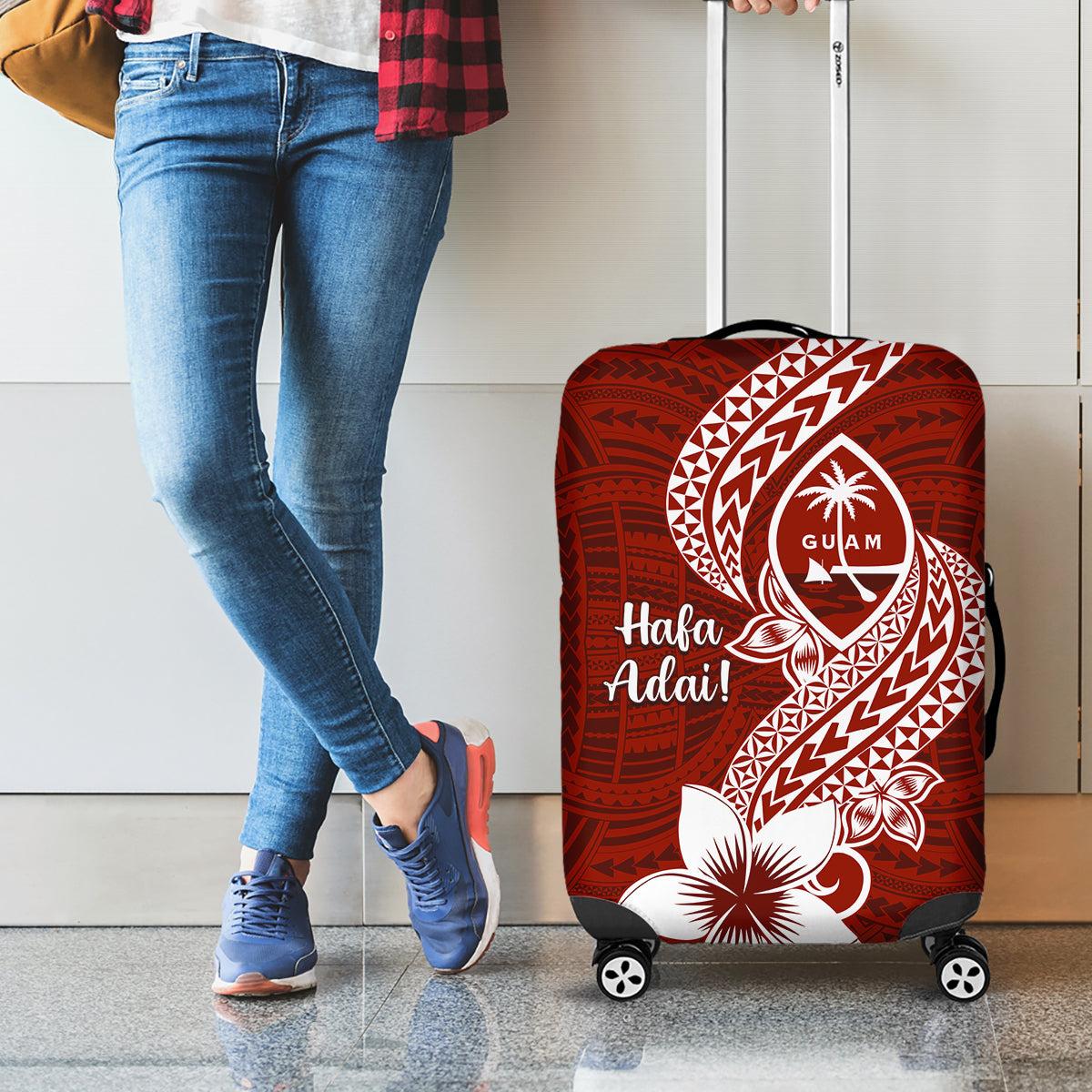 Hafa Adai Guam Luggage Cover Polynesian Floral Red Pattern LT01 - Polynesian Pride