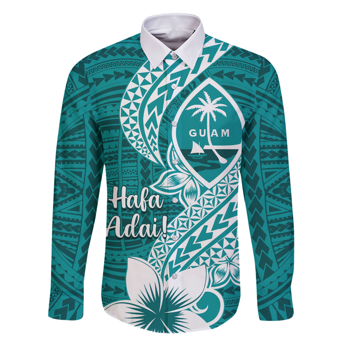 Hafa Adai Guam Family Matching Mermaid Dress and Hawaiian Shirt Polynesian Floral Teal Pattern LT01 Dad's Shirt - Long Sleeve Teal - Polynesian Pride