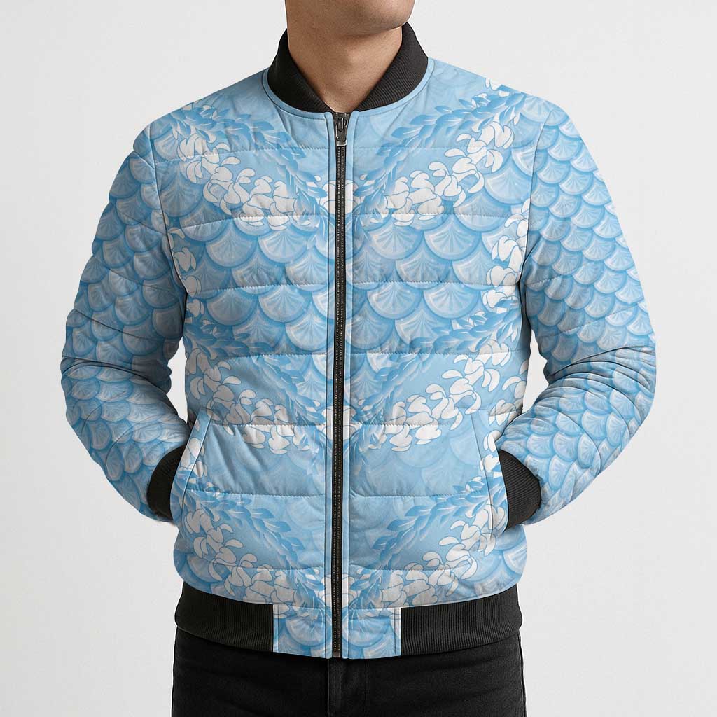 Baby Blue Mermaid Puakenikeni Maile Lei Bomber Puffer Jacket