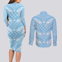 Baby Blue Mermaid Puakenikeni Maile Lei Couples Matching Long Sleeve Bodycon Dress and Long Sleeve Button Shirt LT01 - Polynesian Pride