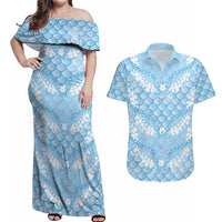 Baby Blue Mermaid Puakenikeni Maile Lei Couples Matching Off Shoulder Maxi Dress and Hawaiian Shirt LT01 Blue - Polynesian Pride