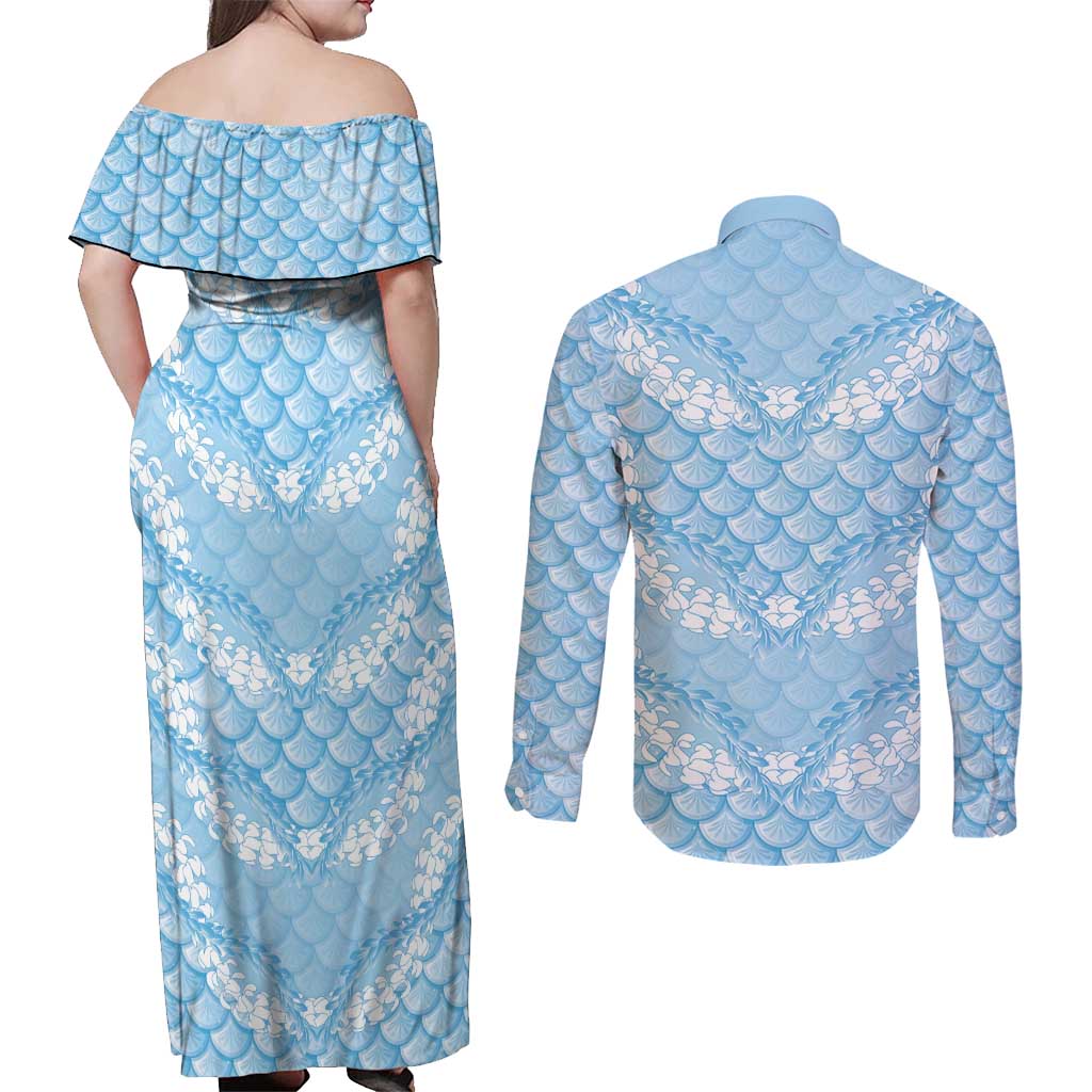 Baby Blue Mermaid Puakenikeni Maile Lei Couples Matching Off Shoulder Maxi Dress and Long Sleeve Button Shirt LT01 - Polynesian Pride