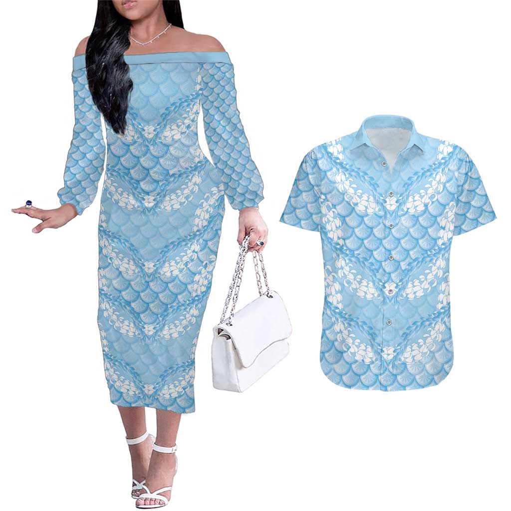 Baby Blue Mermaid Puakenikeni Maile Lei Couples Matching Off The Shoulder Long Sleeve Dress and Hawaiian Shirt LT01 Blue - Polynesian Pride