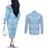 Baby Blue Mermaid Puakenikeni Maile Lei Couples Matching Off The Shoulder Long Sleeve Dress and Long Sleeve Button Shirt LT01 - Polynesian Pride