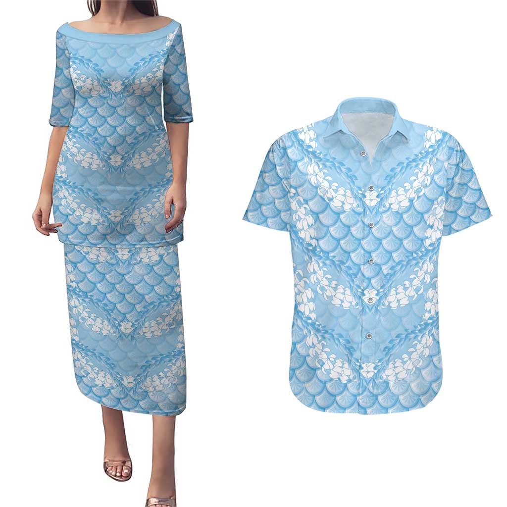 Baby Blue Mermaid Puakenikeni Maile Lei Couples Matching Puletasi and Hawaiian Shirt LT01 Blue - Polynesian Pride