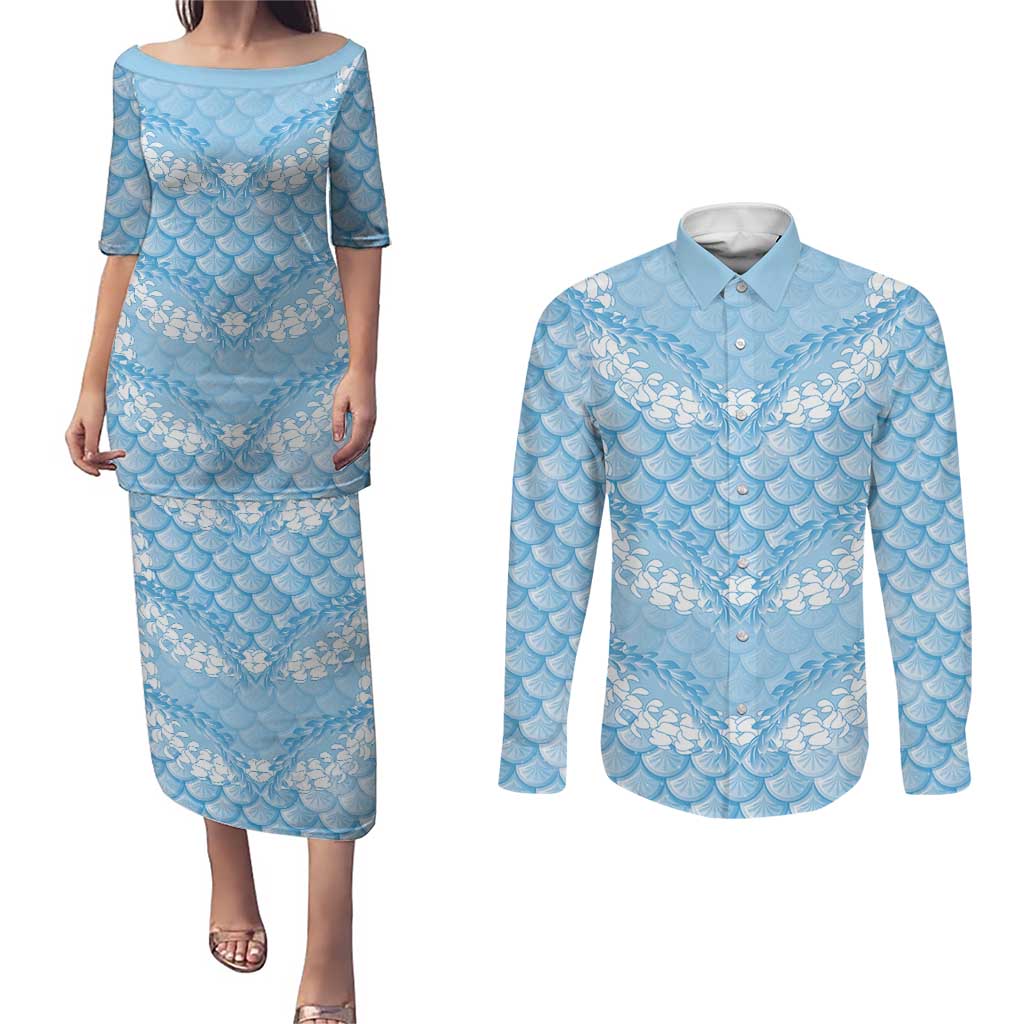 Baby Blue Mermaid Puakenikeni Maile Lei Couples Matching Puletasi and Long Sleeve Button Shirt LT01 Blue - Polynesian Pride