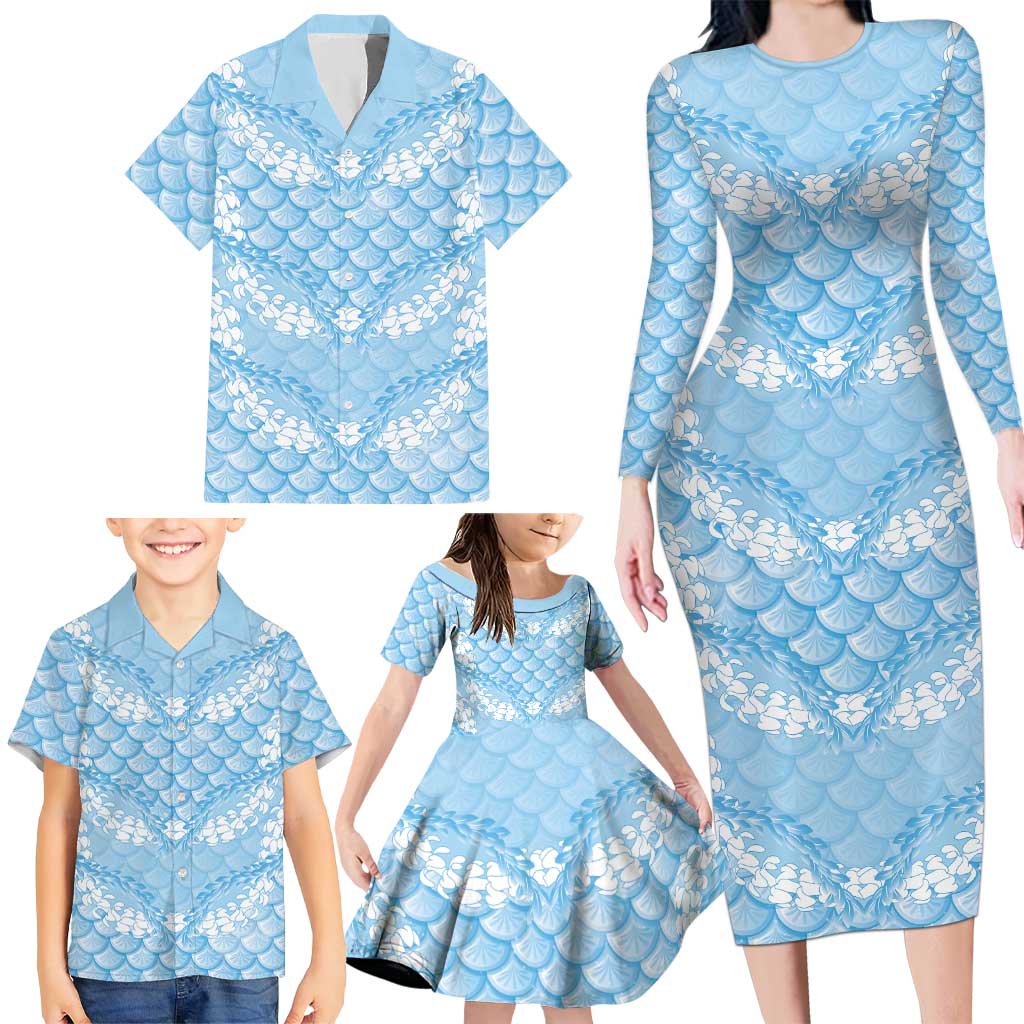 Baby Blue Mermaid Puakenikeni Maile Lei Family Matching Long Sleeve Bodycon Dress and Hawaiian Shirt LT01 - Polynesian Pride