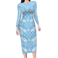 Baby Blue Mermaid Puakenikeni Maile Lei Family Matching Long Sleeve Bodycon Dress and Hawaiian Shirt LT01 Mom's Dress Blue - Polynesian Pride