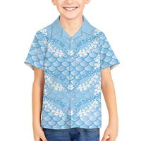 Baby Blue Mermaid Puakenikeni Maile Lei Family Matching Long Sleeve Bodycon Dress and Hawaiian Shirt LT01 Son's Shirt Blue - Polynesian Pride