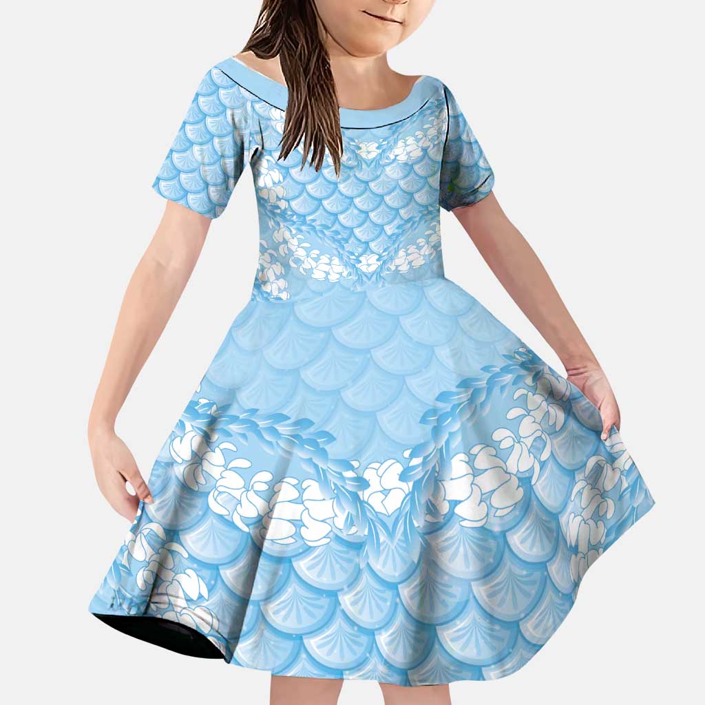 Baby Blue Mermaid Puakenikeni Maile Lei Family Matching Off The Shoulder Long Sleeve Dress and Hawaiian Shirt LT01 Daughter's Dress Blue - Polynesian Pride