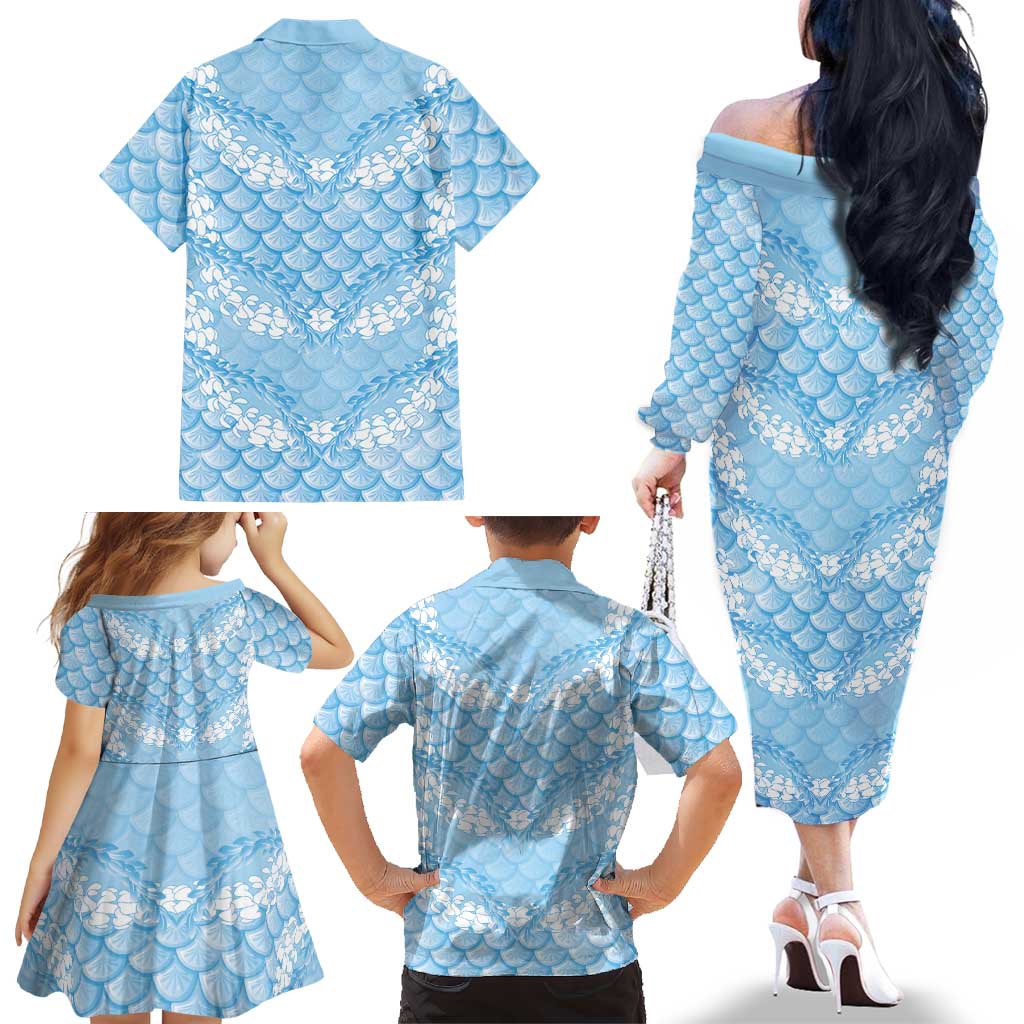 Baby Blue Mermaid Puakenikeni Maile Lei Family Matching Off The Shoulder Long Sleeve Dress and Hawaiian Shirt LT01 - Polynesian Pride