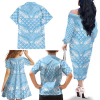 Baby Blue Mermaid Puakenikeni Maile Lei Family Matching Off The Shoulder Long Sleeve Dress and Hawaiian Shirt LT01 - Polynesian Pride