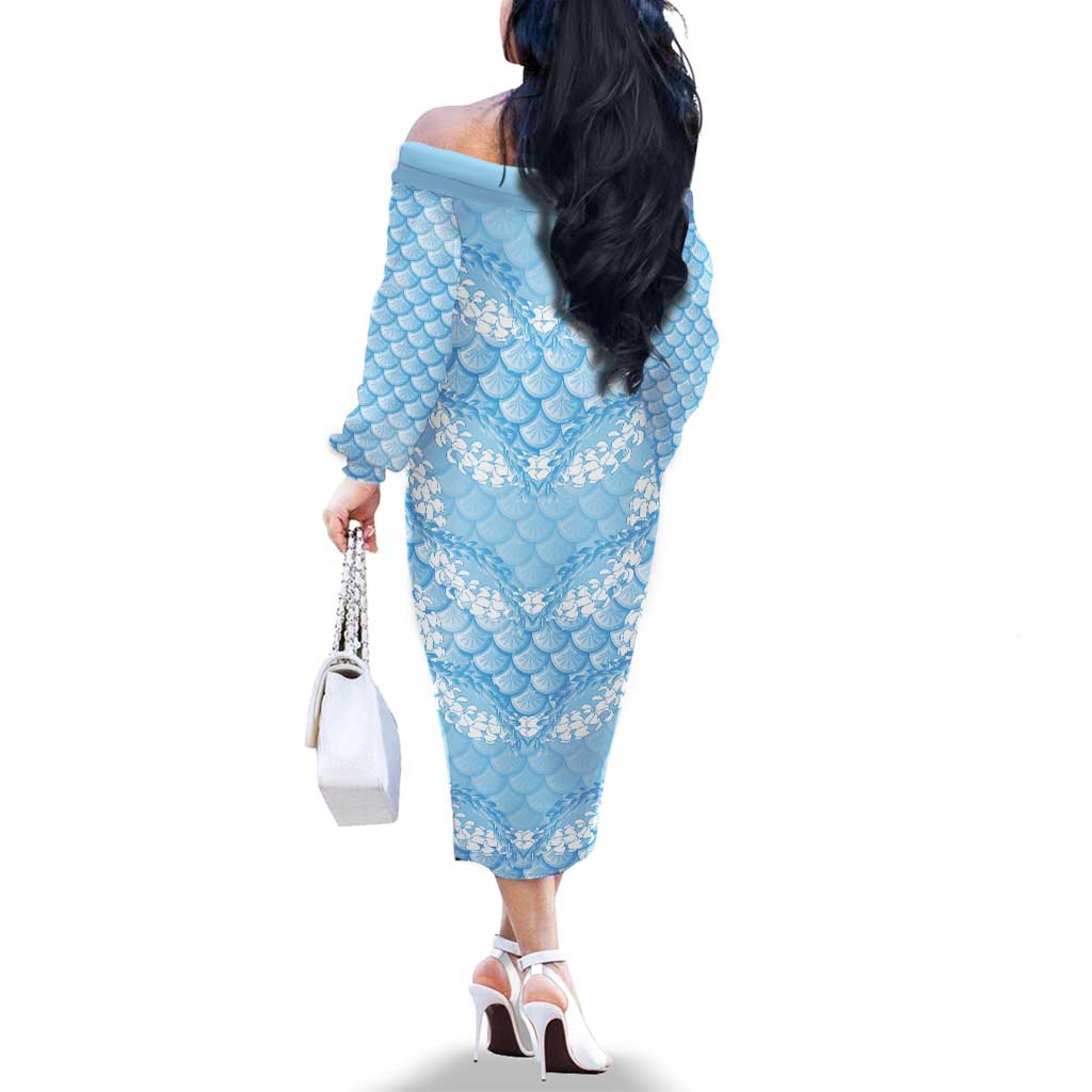 Baby Blue Mermaid Puakenikeni Maile Lei Family Matching Off The Shoulder Long Sleeve Dress and Hawaiian Shirt LT01 - Polynesian Pride