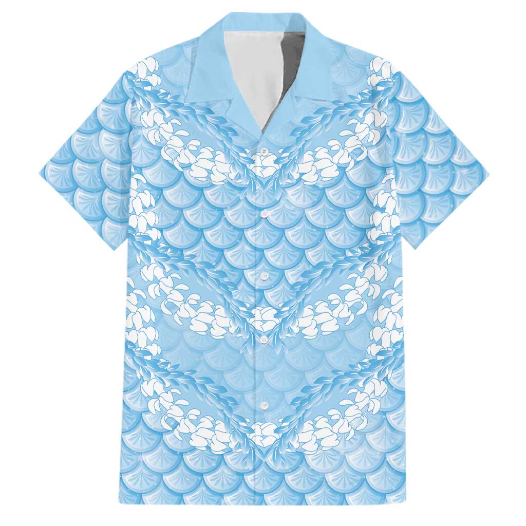 Baby Blue Mermaid Puakenikeni Maile Lei Family Matching Off Shoulder Short Dress and Hawaiian Shirt LT01 Dad's Shirt - Short Sleeve Blue - Polynesian Pride