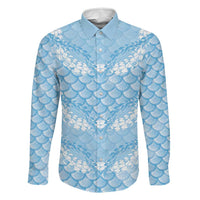 Baby Blue Mermaid Puakenikeni Maile Lei Family Matching Off Shoulder Short Dress and Hawaiian Shirt LT01 Dad's Shirt - Long Sleeve Blue - Polynesian Pride