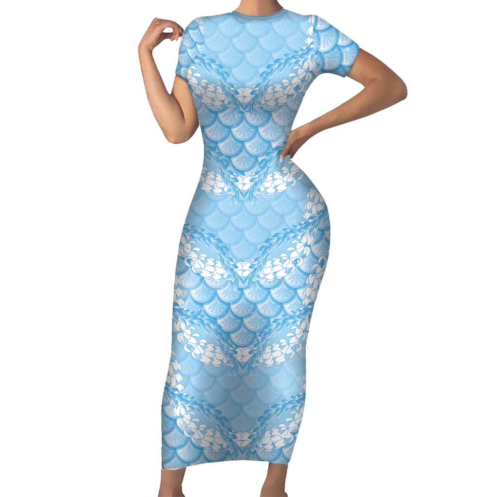 Baby Blue Mermaid Puakenikeni Maile Lei Family Matching Short Sleeve Bodycon Dress and Hawaiian Shirt LT01 Mom's Dress Blue - Polynesian Pride