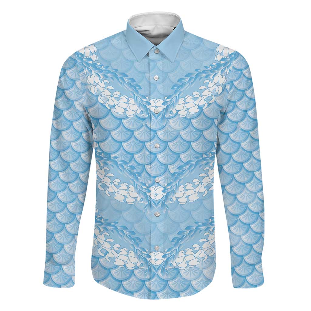 Baby Blue Mermaid Puakenikeni Maile Lei Family Matching Summer Maxi Dress and Hawaiian Shirt LT01 Dad's Shirt - Long Sleeve Blue - Polynesian Pride