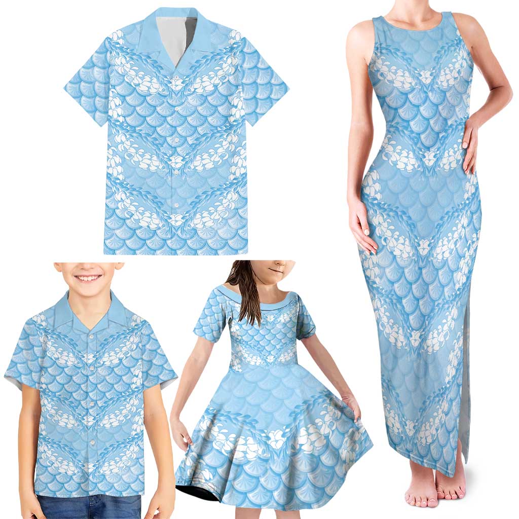 Baby Blue Mermaid Puakenikeni Maile Lei Family Matching Tank Maxi Dress and Hawaiian Shirt LT01 - Polynesian Pride