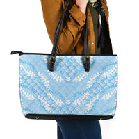 Baby Blue Mermaid Puakenikeni Maile Lei Leather Tote Bag