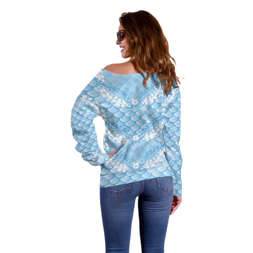Baby Blue Mermaid Puakenikeni Maile Lei Off Shoulder Sweater